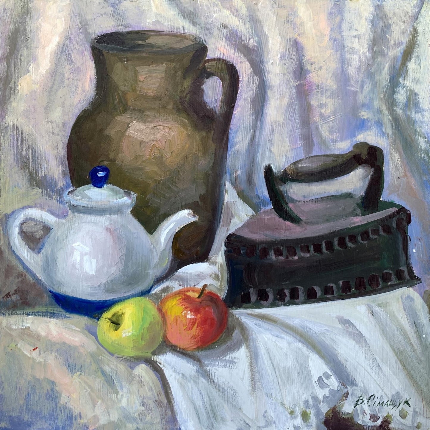 Oil painting Iron and apples Valentina Simashchuk