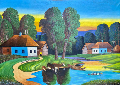 Oil painting Calm village life Unknown artist