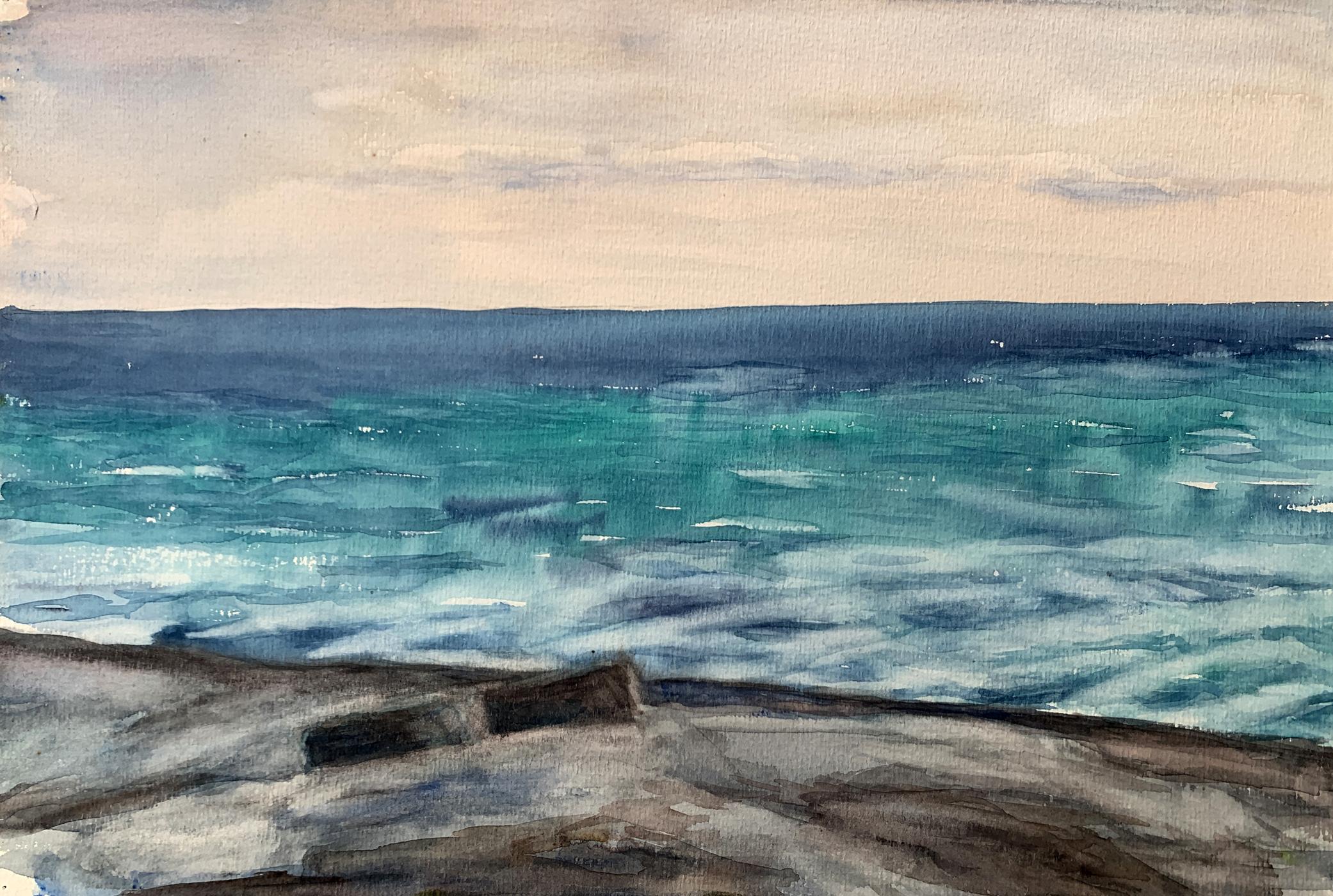 Watercolor painting Evening sea tide Unknown artist