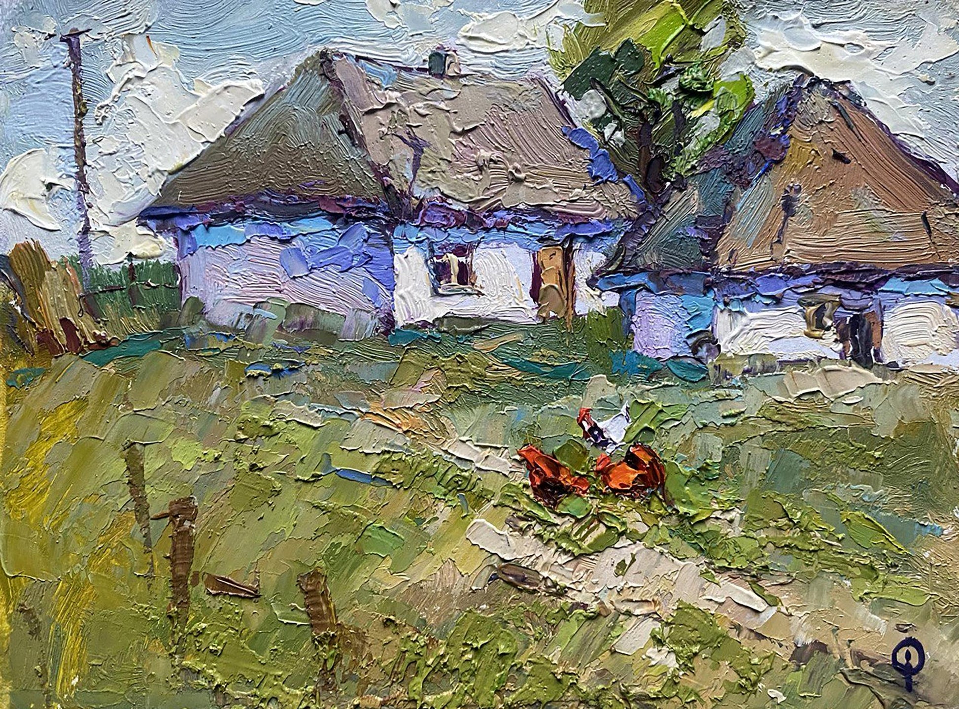 Oil painting Village Home and yard