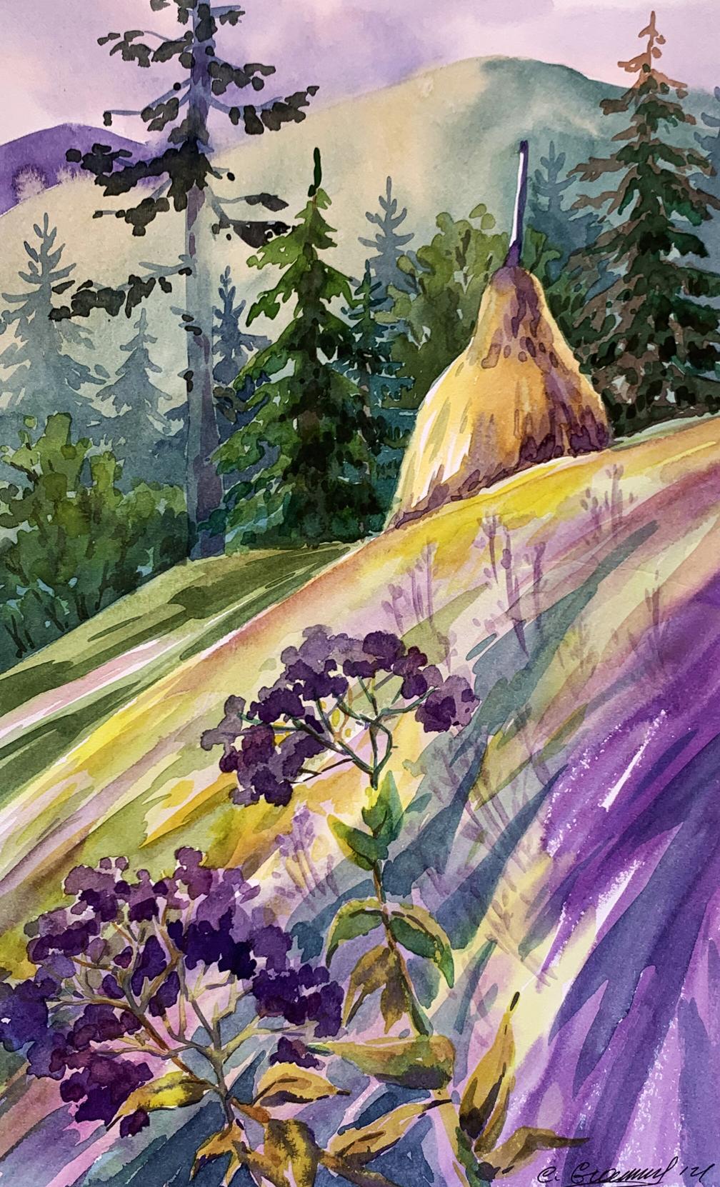 Watercolor painting Carpathian meadows Svetlana Gramm