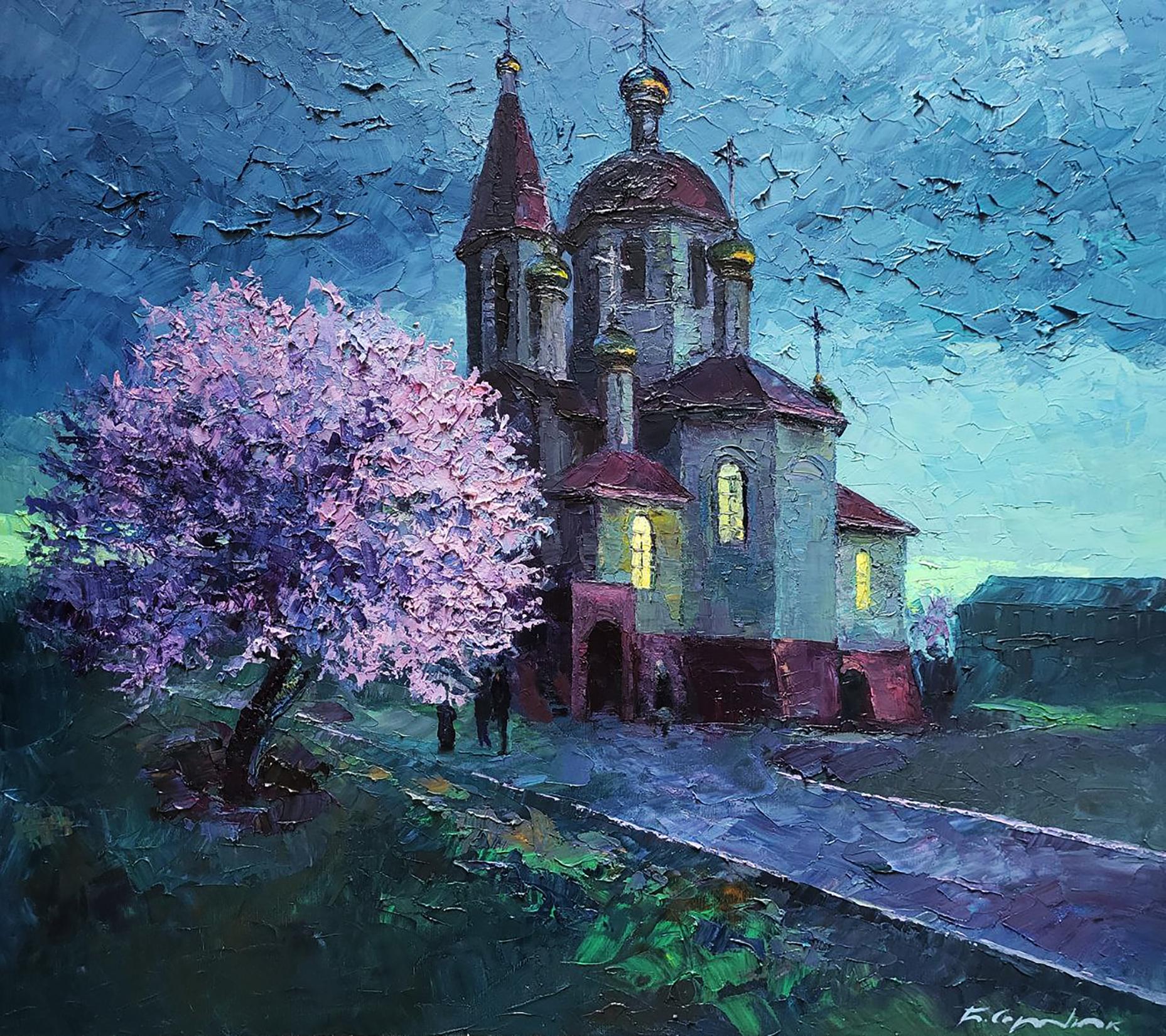 Oil painting April morning at the temple Boris Serdyuk