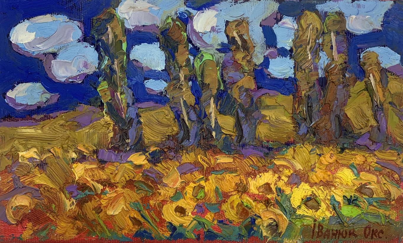 Oil painting At night among the sunflower fields Oksana Ivanyuk