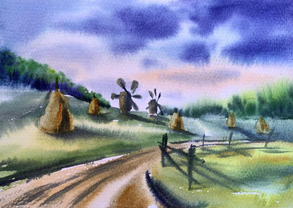 Watercolor painting Windmills and haystacks Svetlana Gramm