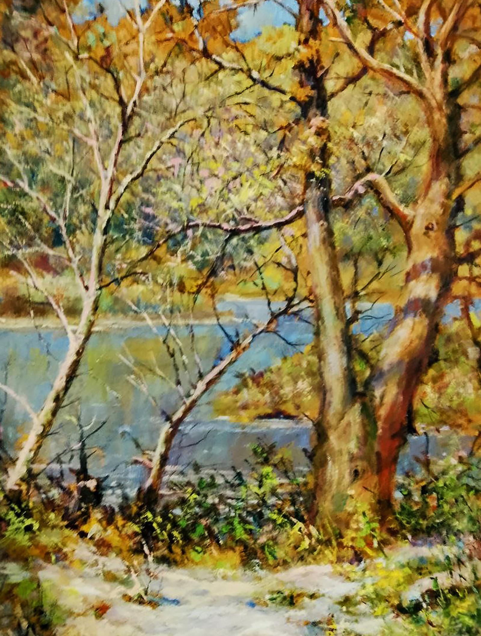 Oil painting River in the autumn forest Anatolii Duhnevich