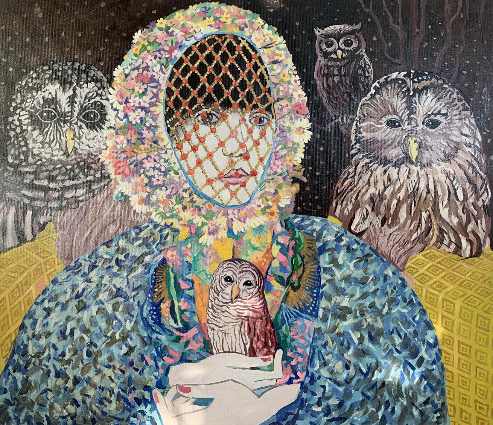 Oil painting Girl with owls V. Konotopsky