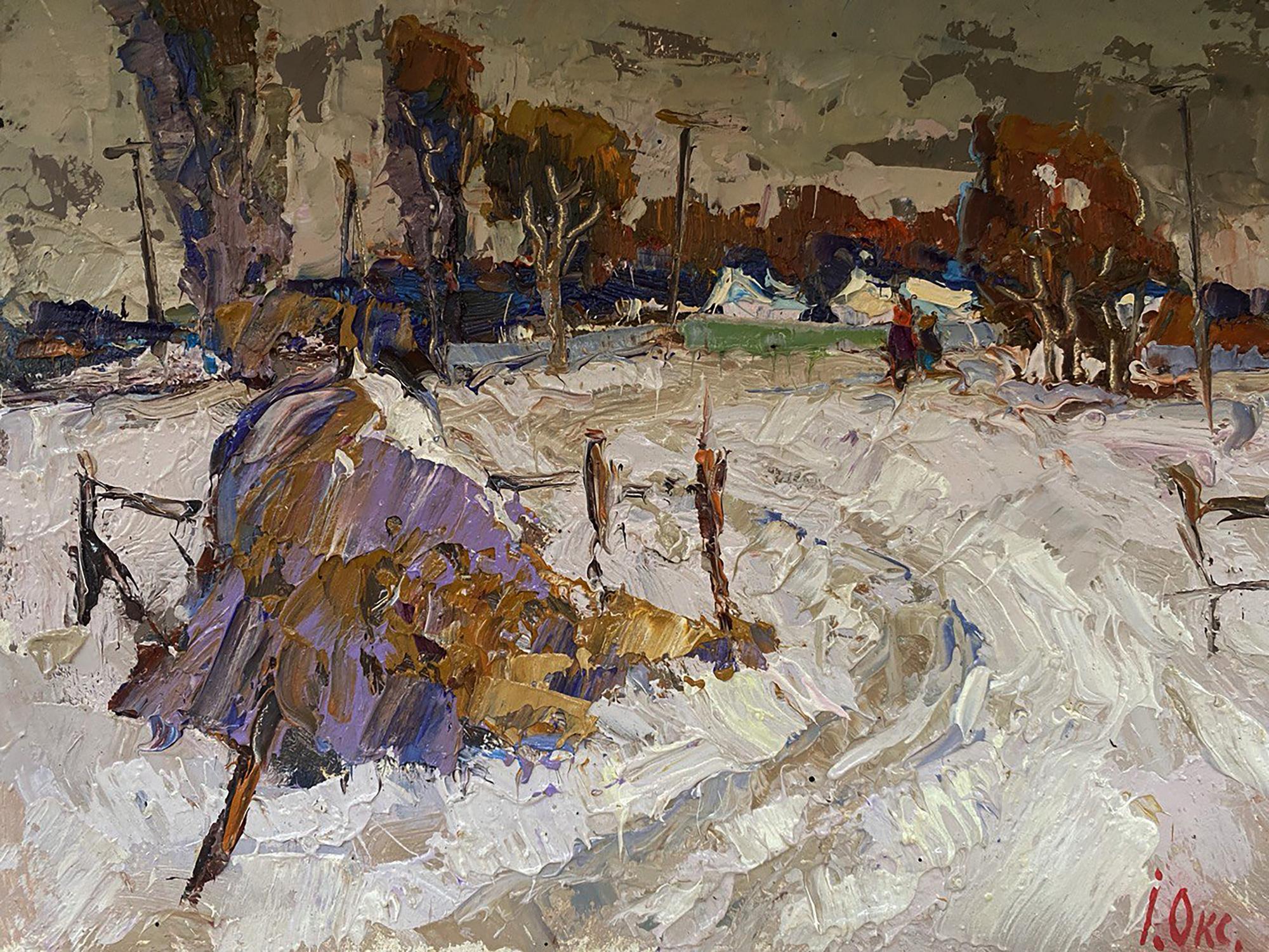 Oil painting Winter Road Home Oksana Ivanyuk