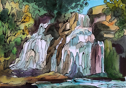 Watercolor painting Mountain waterfall Svetlana Gramm