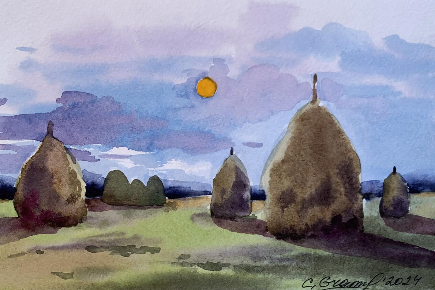 Watercolor painting Haystacks in a field Svetlana Gramm