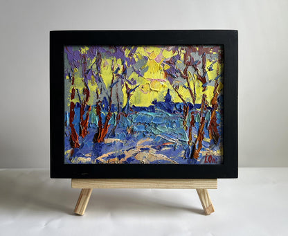 Oil painting Winter evening with yellow sunset Oleksiy Ivanyuk