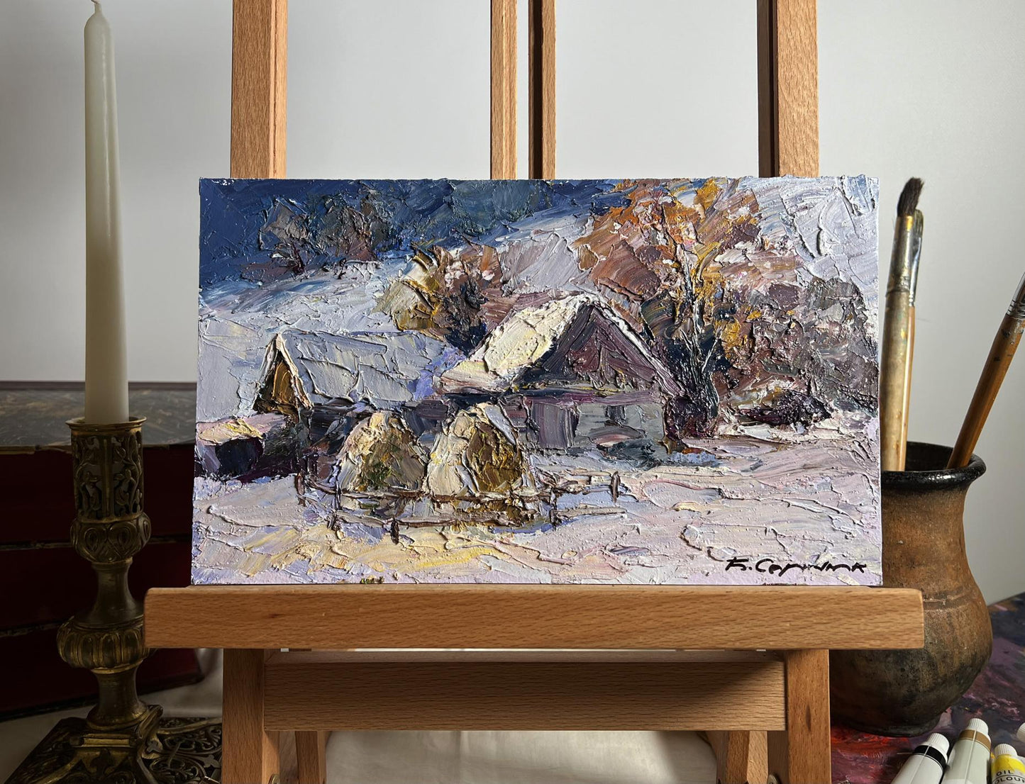 Oil painting Winter village evening Boris Serdyuk