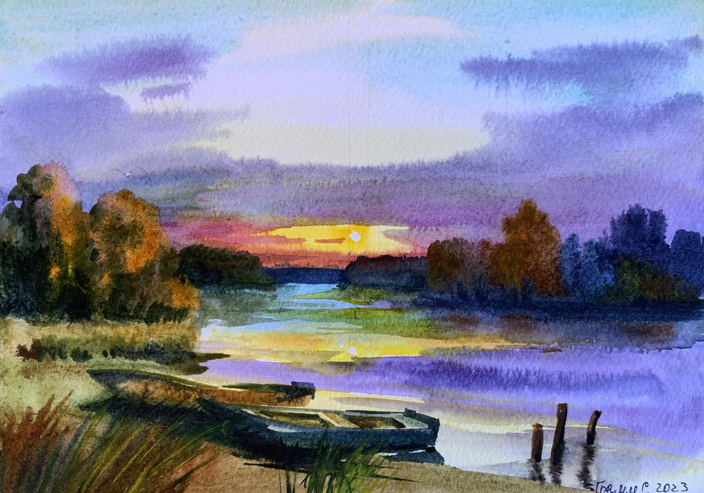 Watercolor painting Boats and sunset Svetlana Gramm