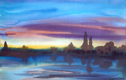 Watercolor painting Sunset on the river Svetlana Gramm