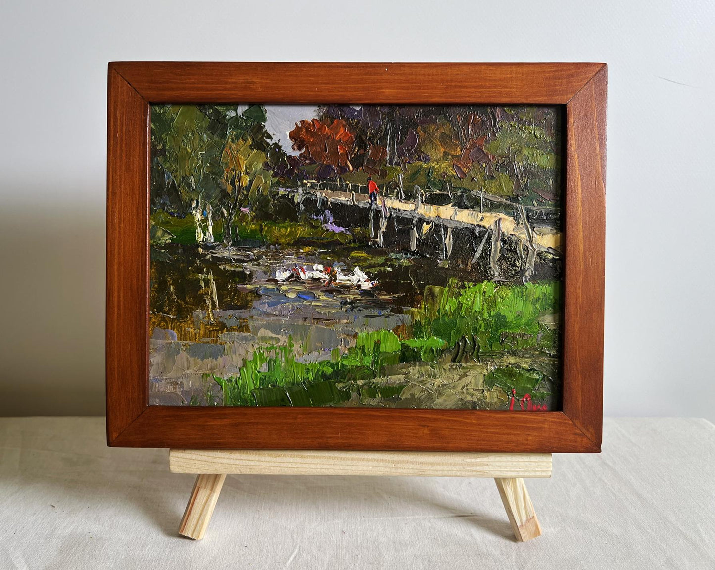 Oil painting Ducks on the lake near the bridge Oksana Ivanyuk