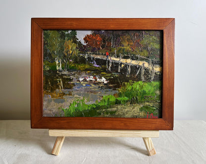 Oil painting Ducks on the lake near the bridge Oksana Ivanyuk