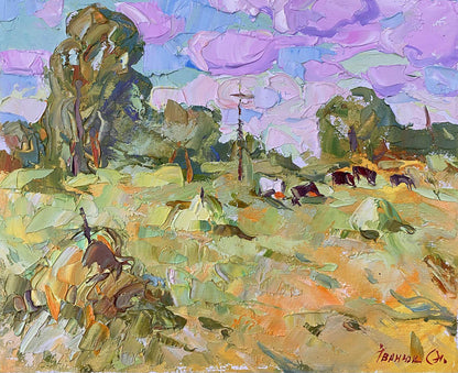 Oil painting Spring Village landscape 