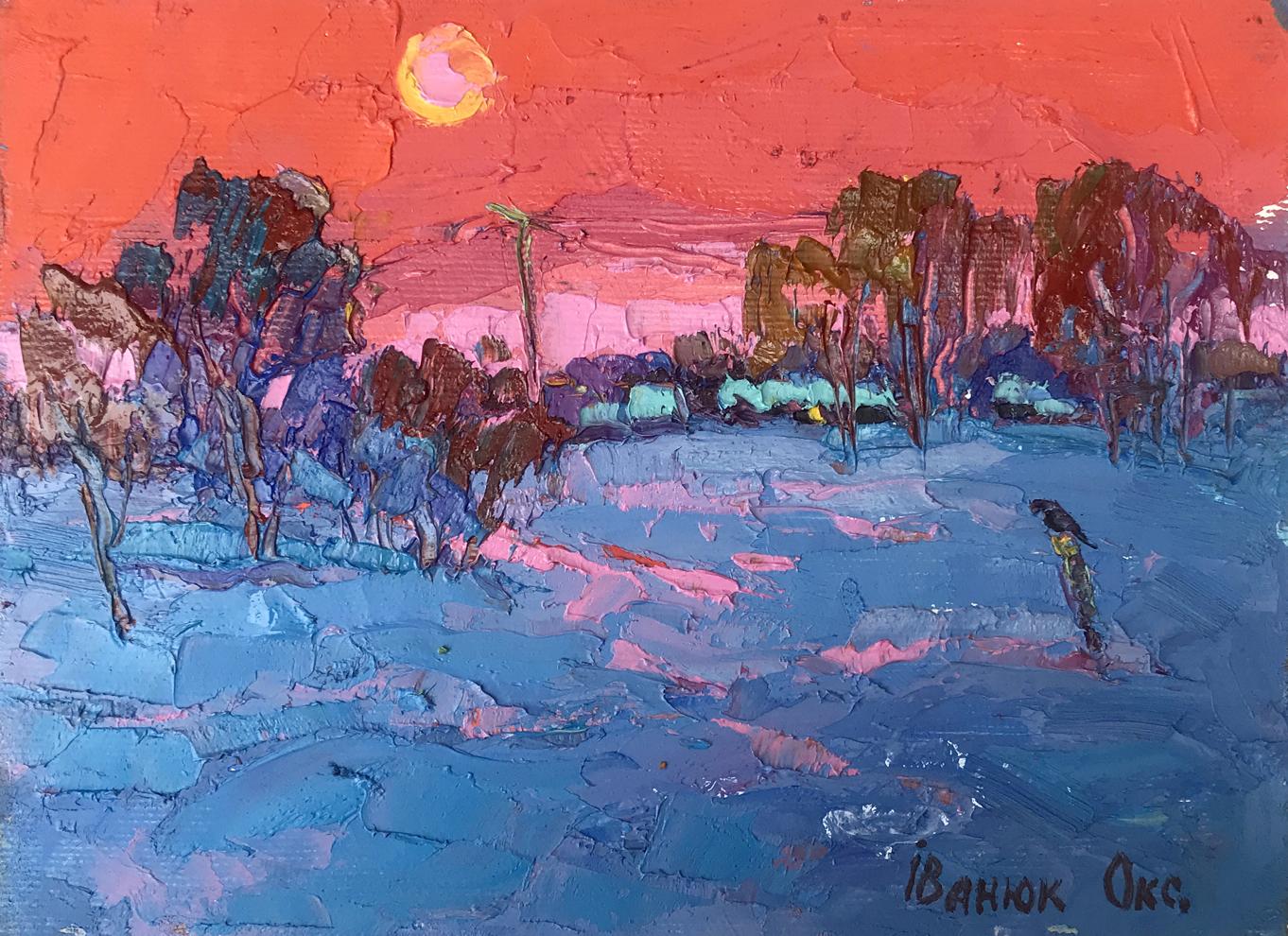 Oil painting Crimson sunset in winter Oksana Ivanyuk
