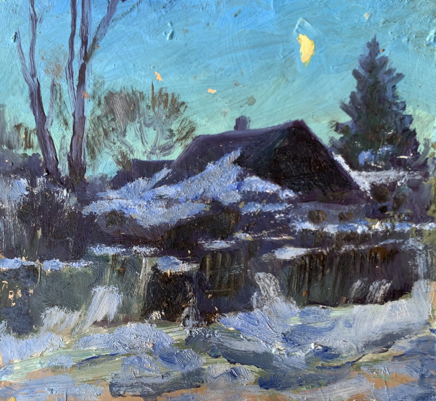 Oil painting Winter moonlit night Leonid Maistrenko