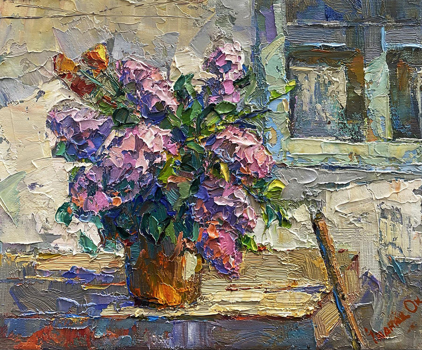 Oil painting Lilac on the bench Oksana Kalenyuk