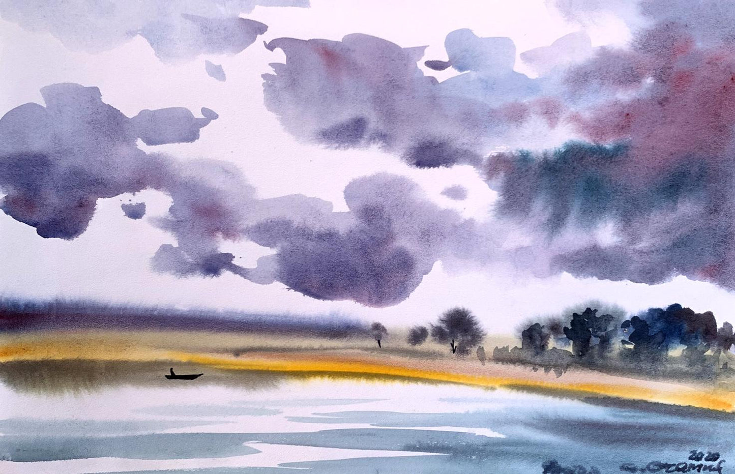 Watercolor painting Alone on the river Svetlana Gramm