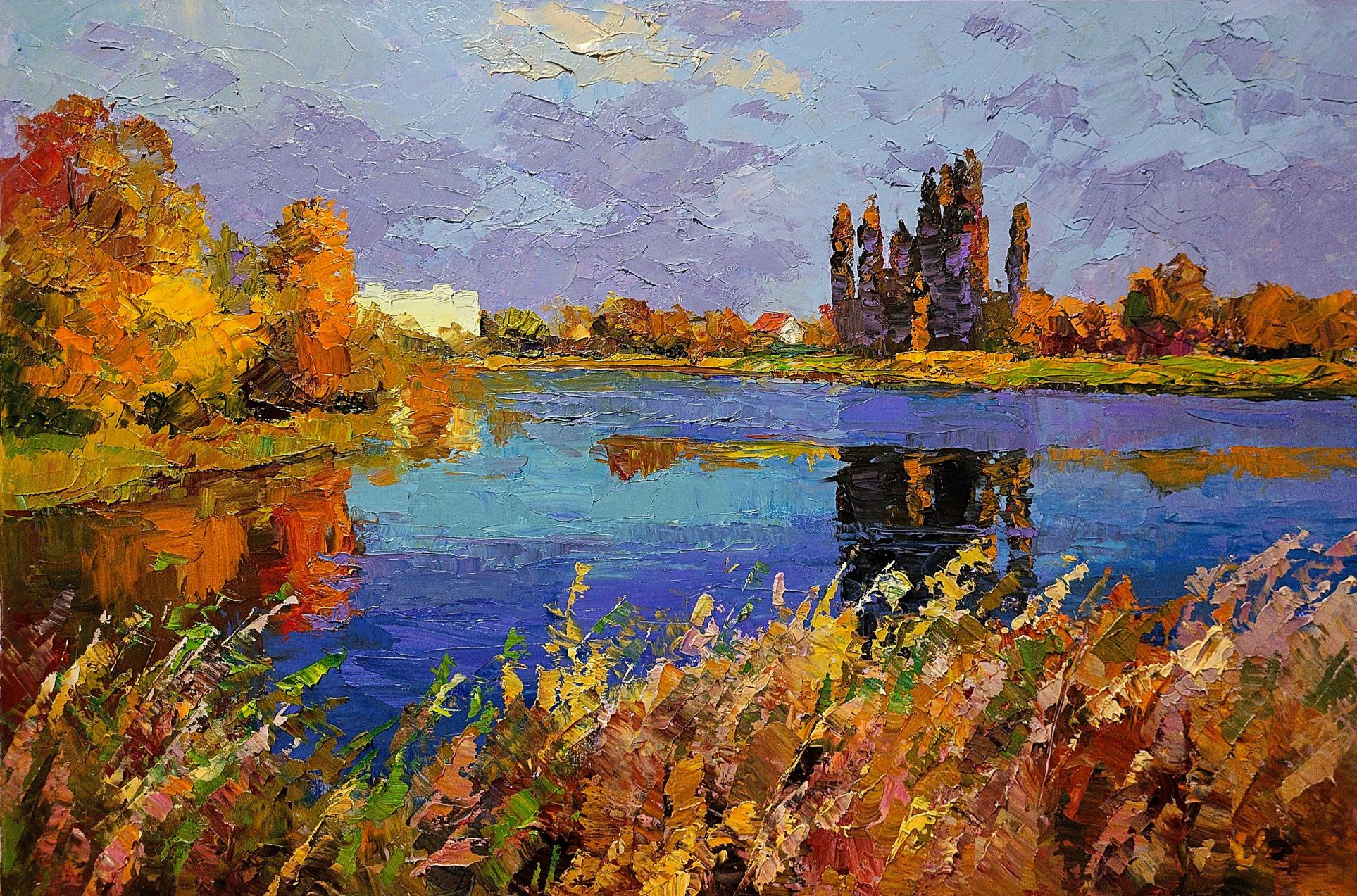 Oil painting Autumn on the river Boris Serdyuk