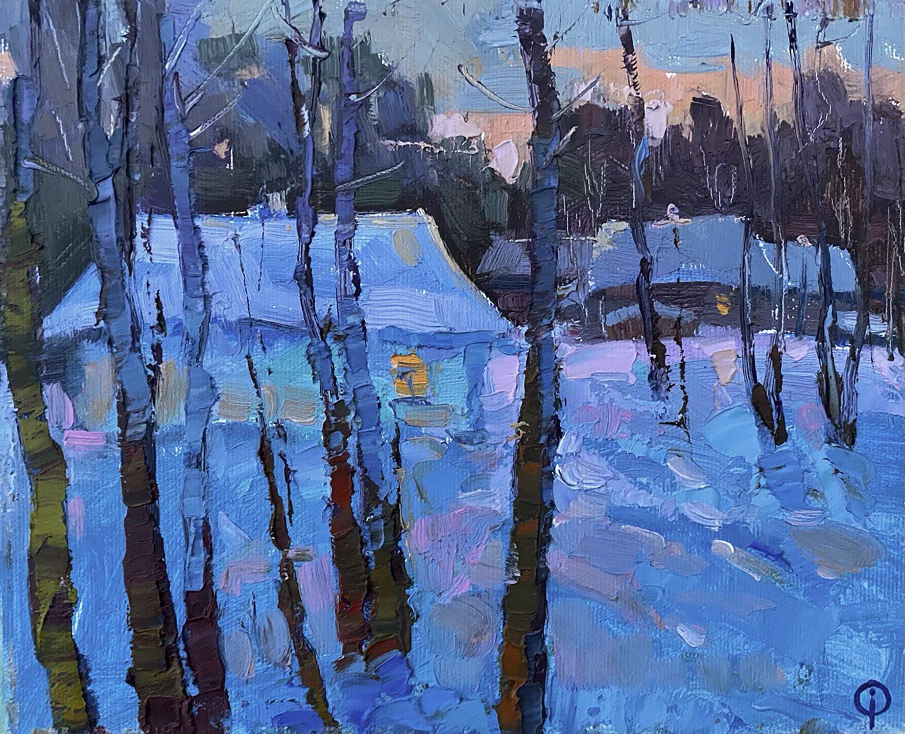 Oil painting Evening rural landscape