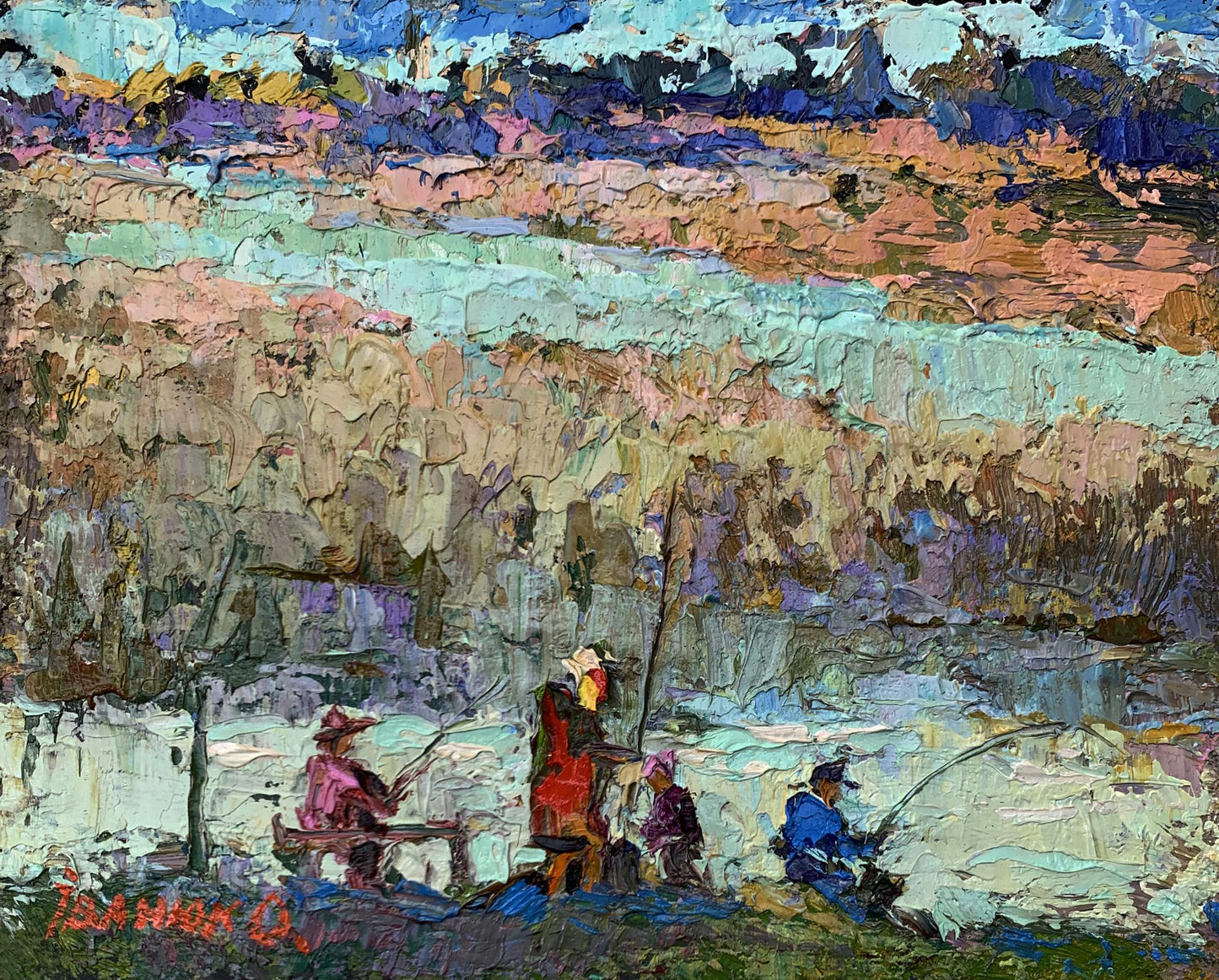 Oil painting Fishing with friends Oksana Ivanyuk