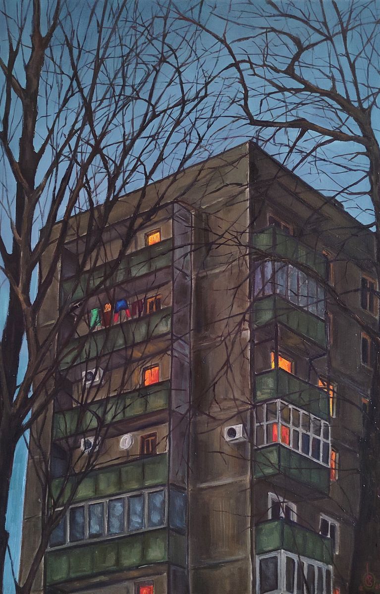 Oil painting City night house Oksana Sklym