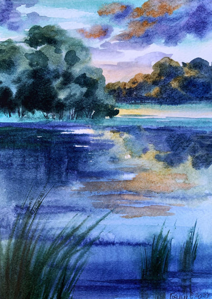 Watercolor painting Cool evening by the river Svetlana Gramm