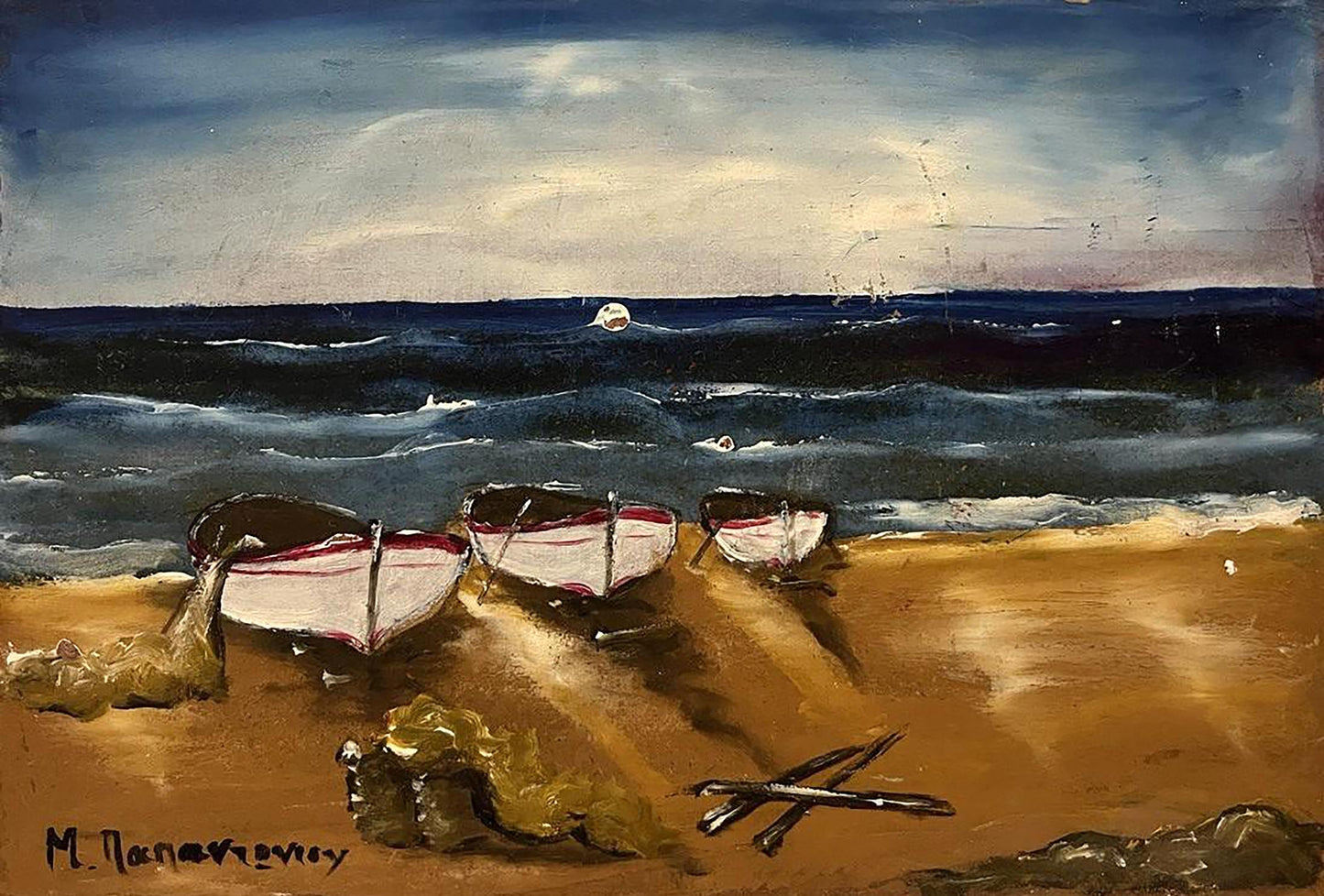 Oil painting Boats on the shore Unknown artist