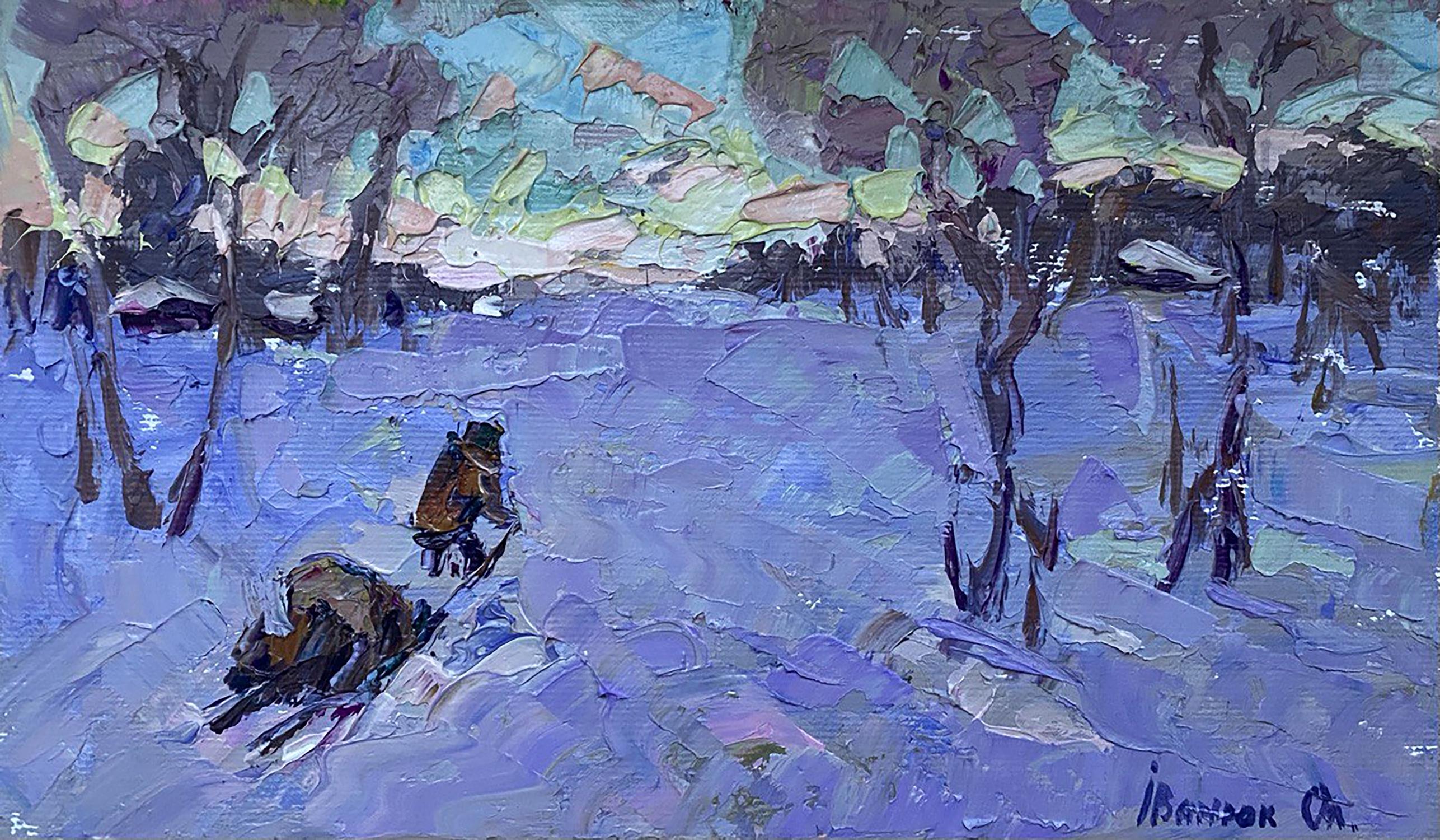 Oil painting winter evening