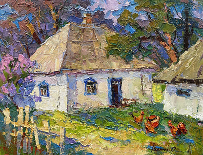 Oil painting There are chickens in the yard Alex Kalenyuk