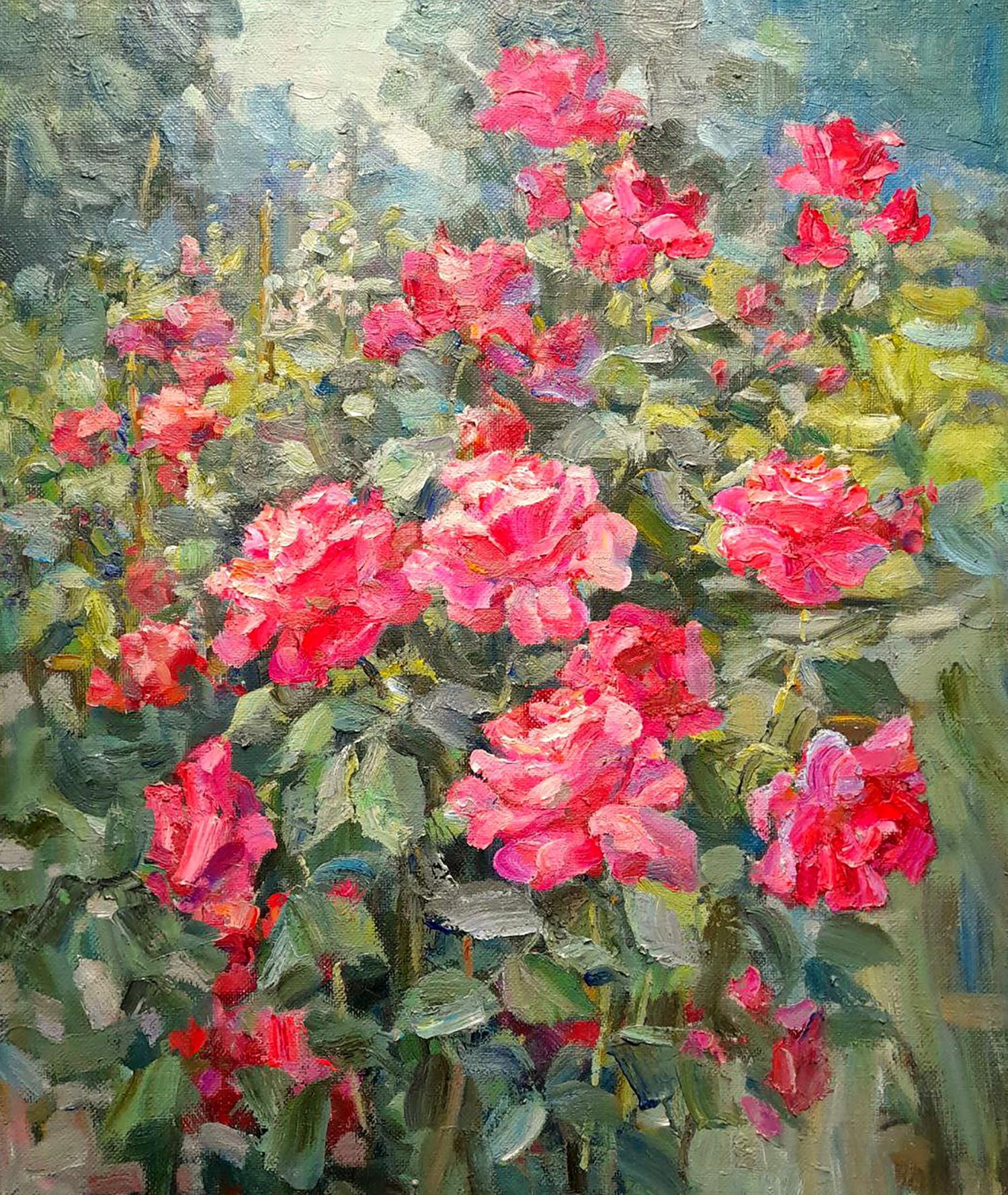 Oi painting Red rose bush Ivan Kovalenko