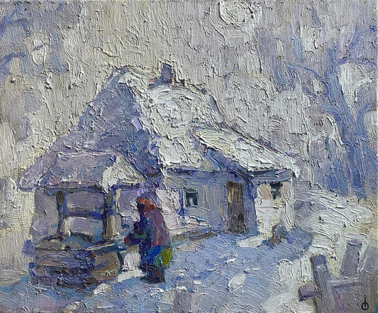 Oil painting Icy winter landscape with house Alex Ivanyuk
