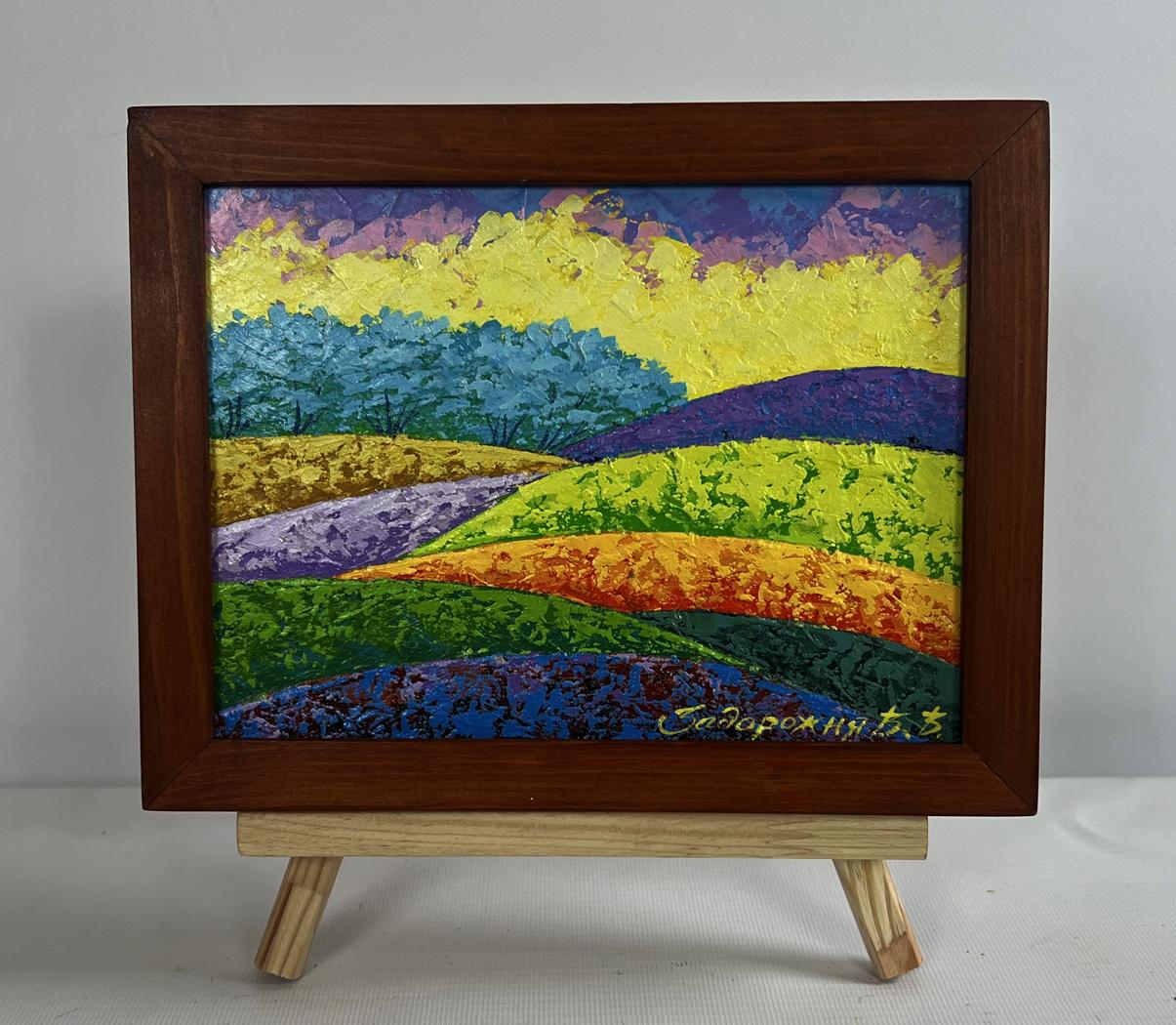 Oil painting Fiery sky over green forest V. Zadorozhnya