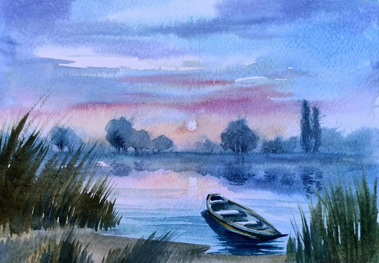 Watercolor painting Boat on the shore Svetlana Gramm