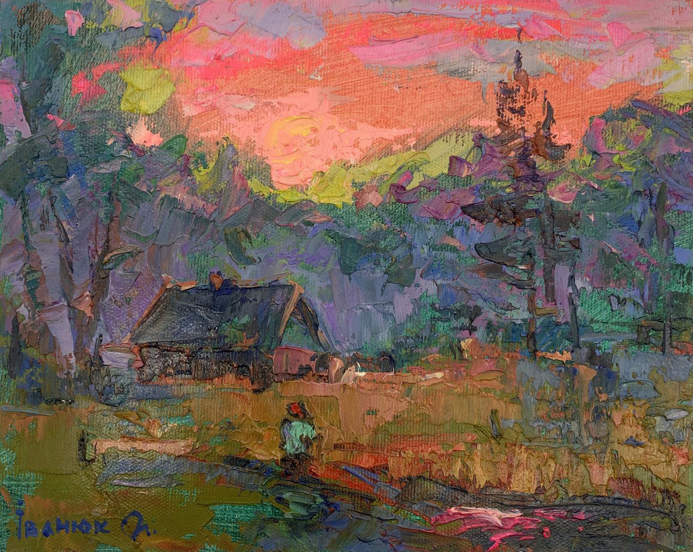 Oil painting Pink sunset behind the trees Alex Ivanyuk