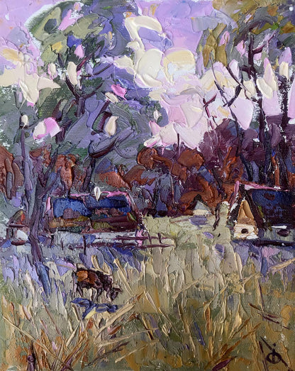Oil painting Village near the forest Alex Ivanyuk