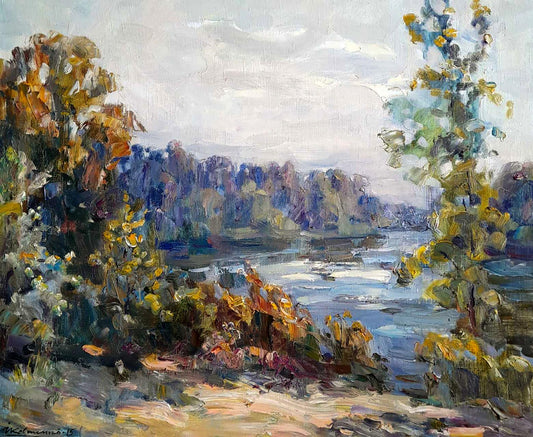 Near the River by Ivan Kovalenko, an oil painting depicting tranquil waterside scenery.