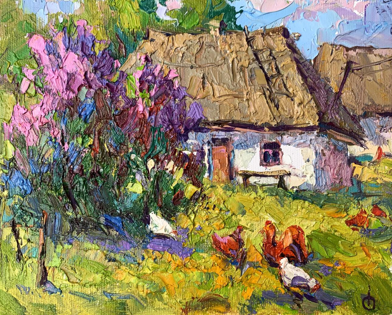 Oil painting Chickens grazing in the yard Oksana Ivanyuk