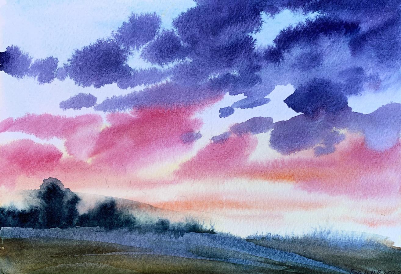 Watercolor painting Pink sunset Svetlana Gramm