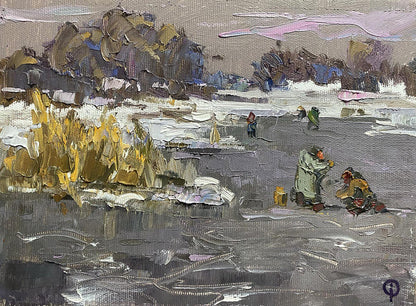 Oil painting Winter fishing