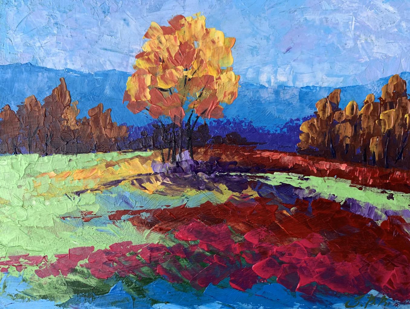 Oil painting Autumn lonely tree V. Zadorozhnya