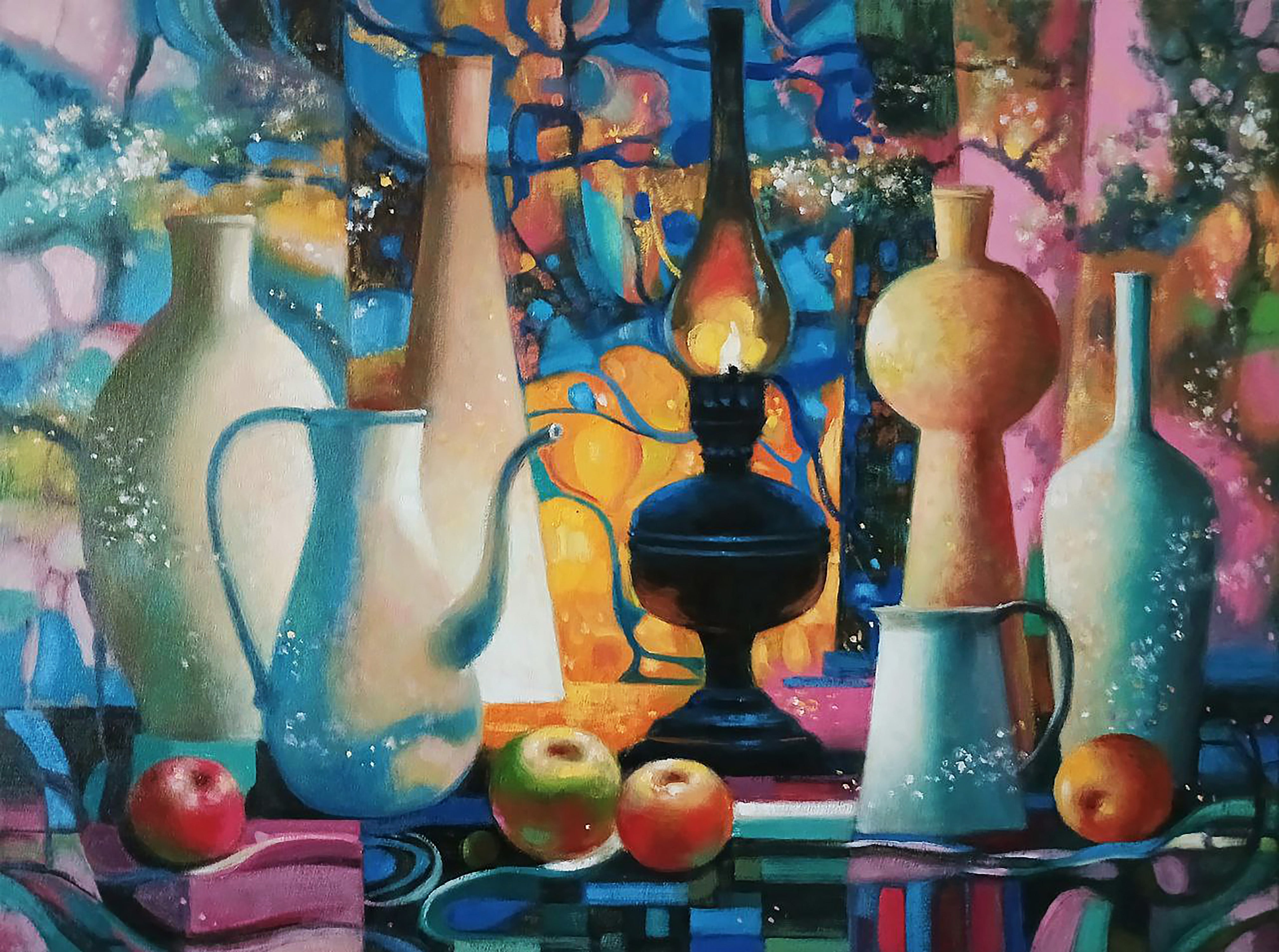 Oil painting Lamps and apples on the table Anatoly Tarabanov