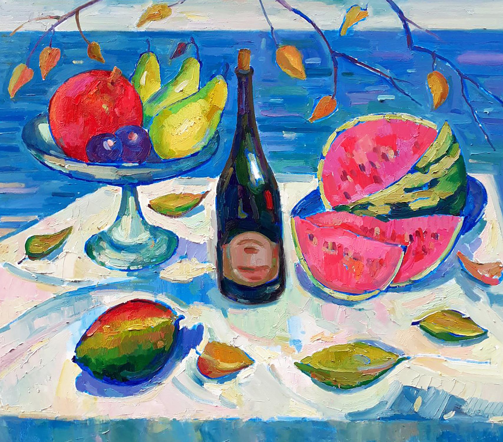 Oil painting Still life with watermelon and mango Peter Dobrev