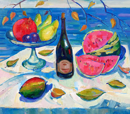 Oil painting Still life with watermelon and mango Peter Dobrev