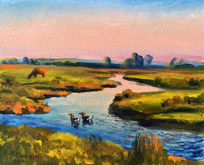 Oil painting Ducks in the river Valentina Simashchuk