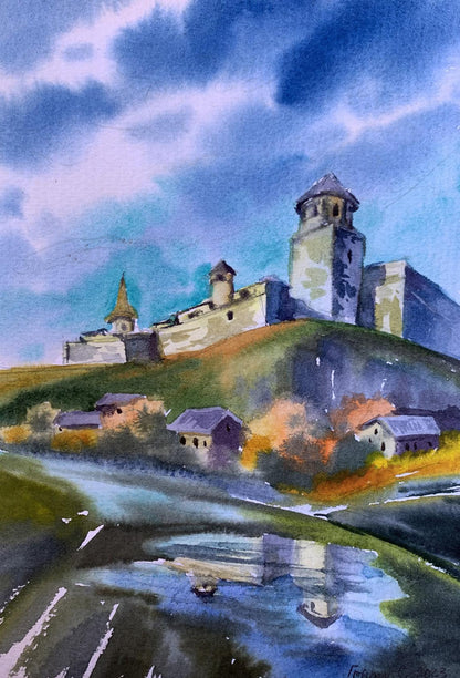 Watercolor painting Castle and village Svetlana Gramm