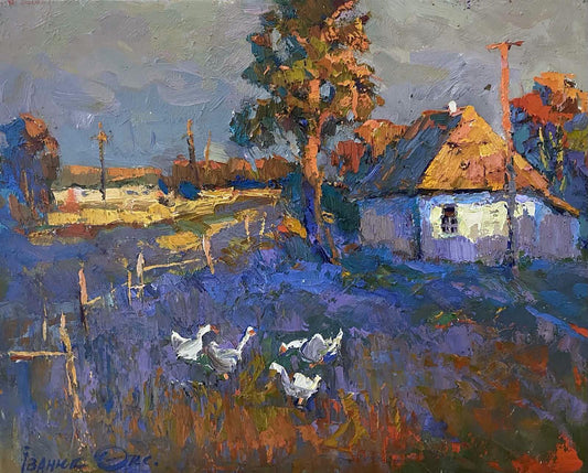 Oil painting Autumn village with geese Oksana Ivanyuk