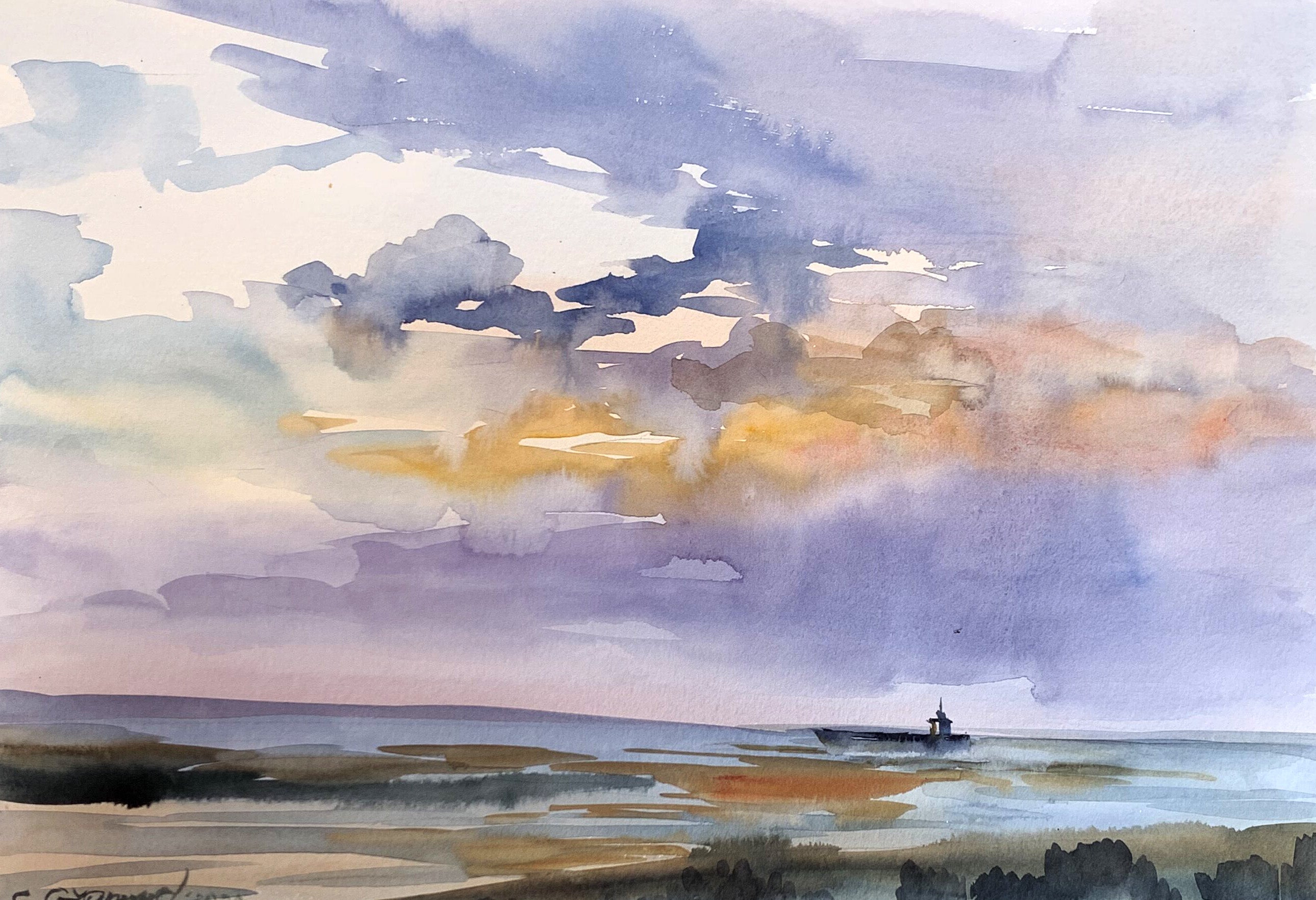 Watercolor painting Sunset sun in the sea Svetlana Gramm